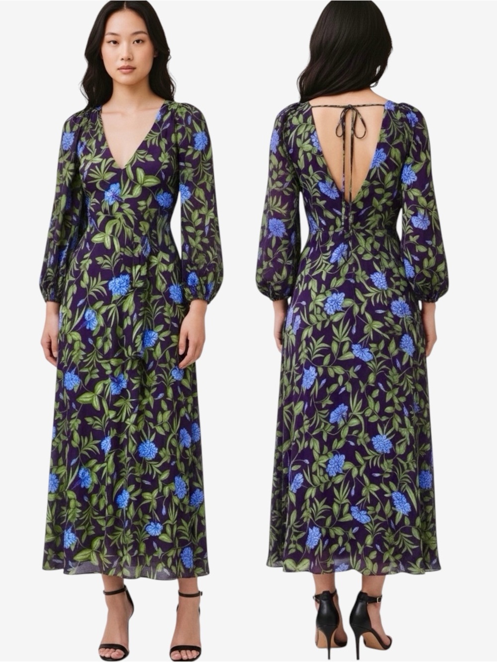 Beyond By Vera Martine Women’s Floral Tuscan Gardens Navy Long Sleeve Maxi Dress